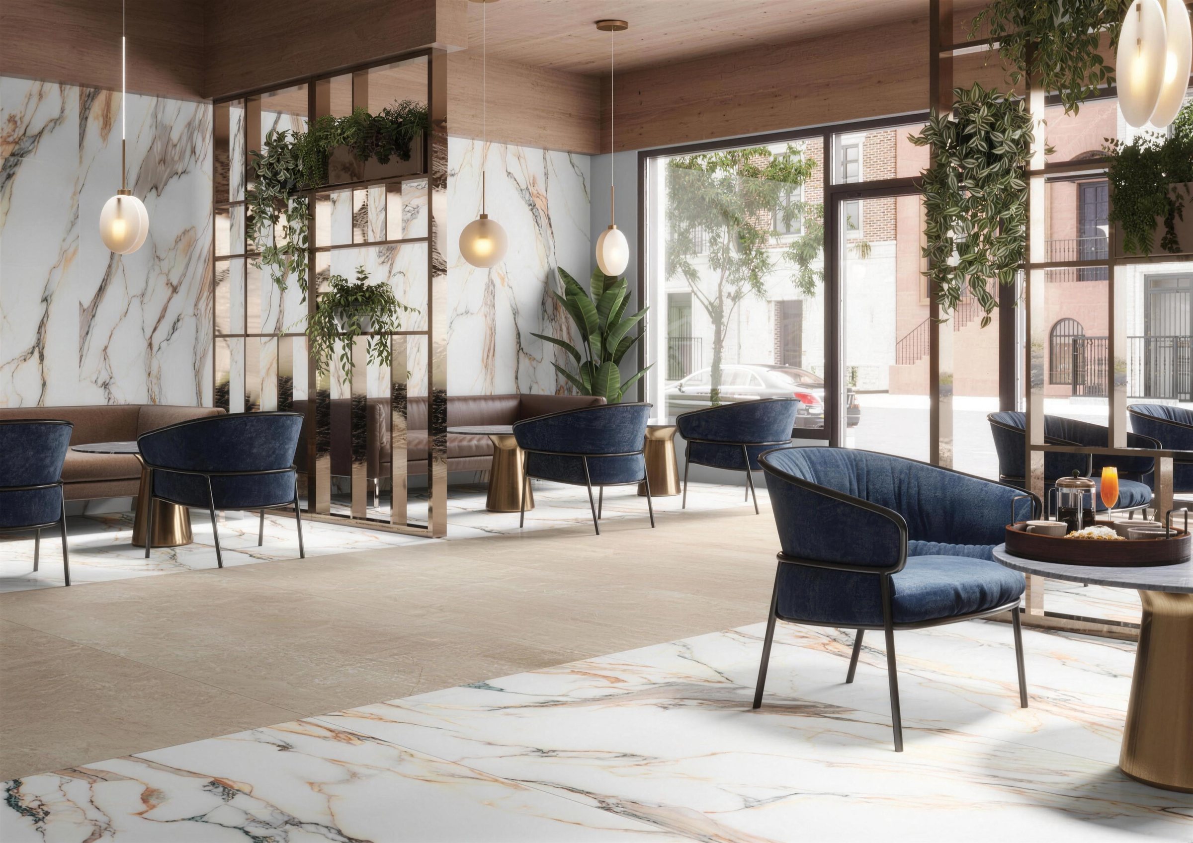 Calacatta Gold slabs on the walls and floor of a lounge